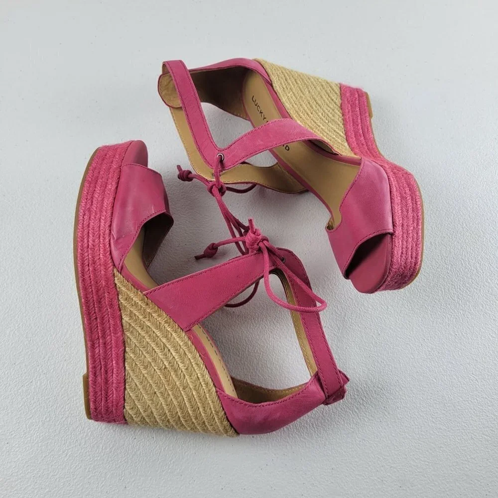 Lucky Brand Strappy Open Toe Wedges Espadilles Sandals Ankle Tie 9 Women Pink